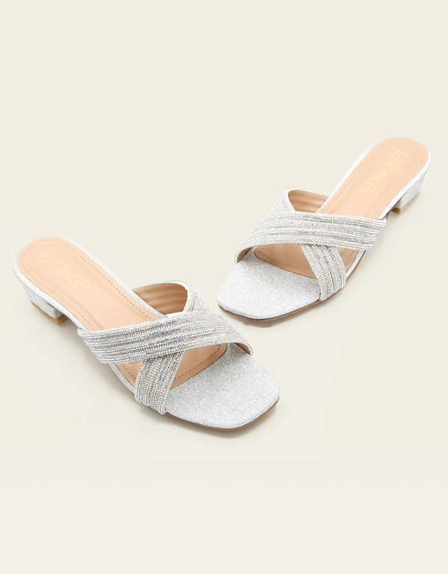 Celesta Silver Block Heels with Glitter Crossover Straps – Essence by Rubina